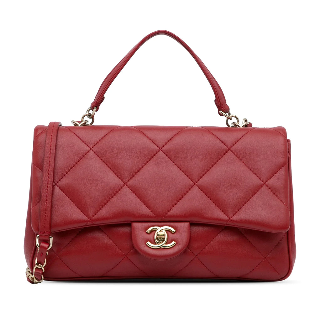Pre-Owned Authenticated Chanel Small Easy Carry Flap Bag Lambskin Leather Red Satchel Unisex (Good)