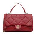 Pre-Owned Authenticated Chanel Small Easy Carry Flap Bag Lambskin Leather Red Satchel Unisex (Good)
