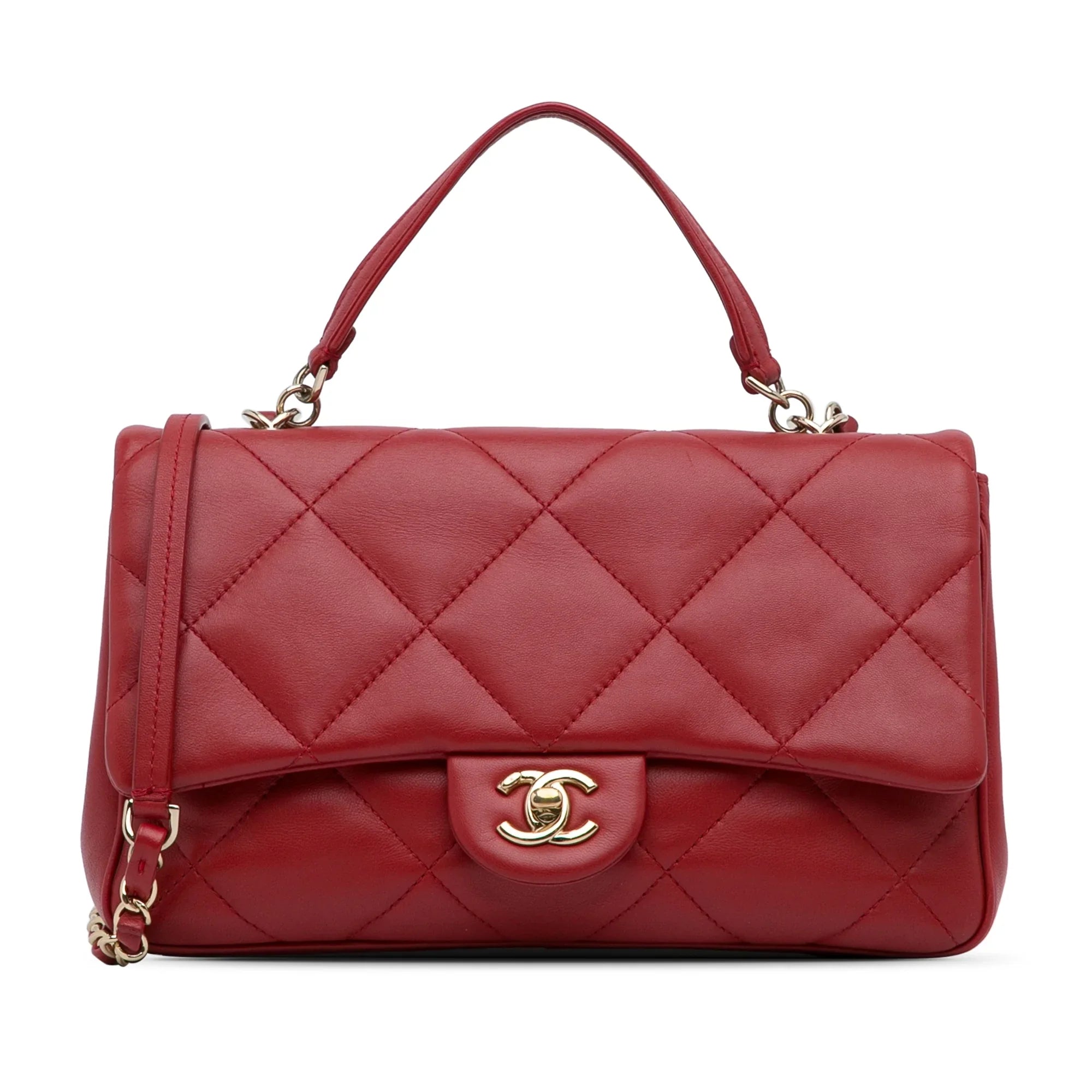 Pre-Owned Authenticated Chanel Small Easy Carry Flap Bag Lambskin Leather Red Satchel Unisex (Good)