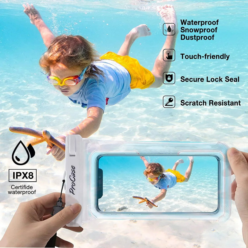 2 Pack ProCase Waterproof Phone Case Dry Bag Pouch, for iPhone 14 Plus Pro Max, iPhone 13 12 Pro Max, 11 Xs Max   8 7 6S Plus, Galaxy  +  , Up to 7.0 inch -White/Black