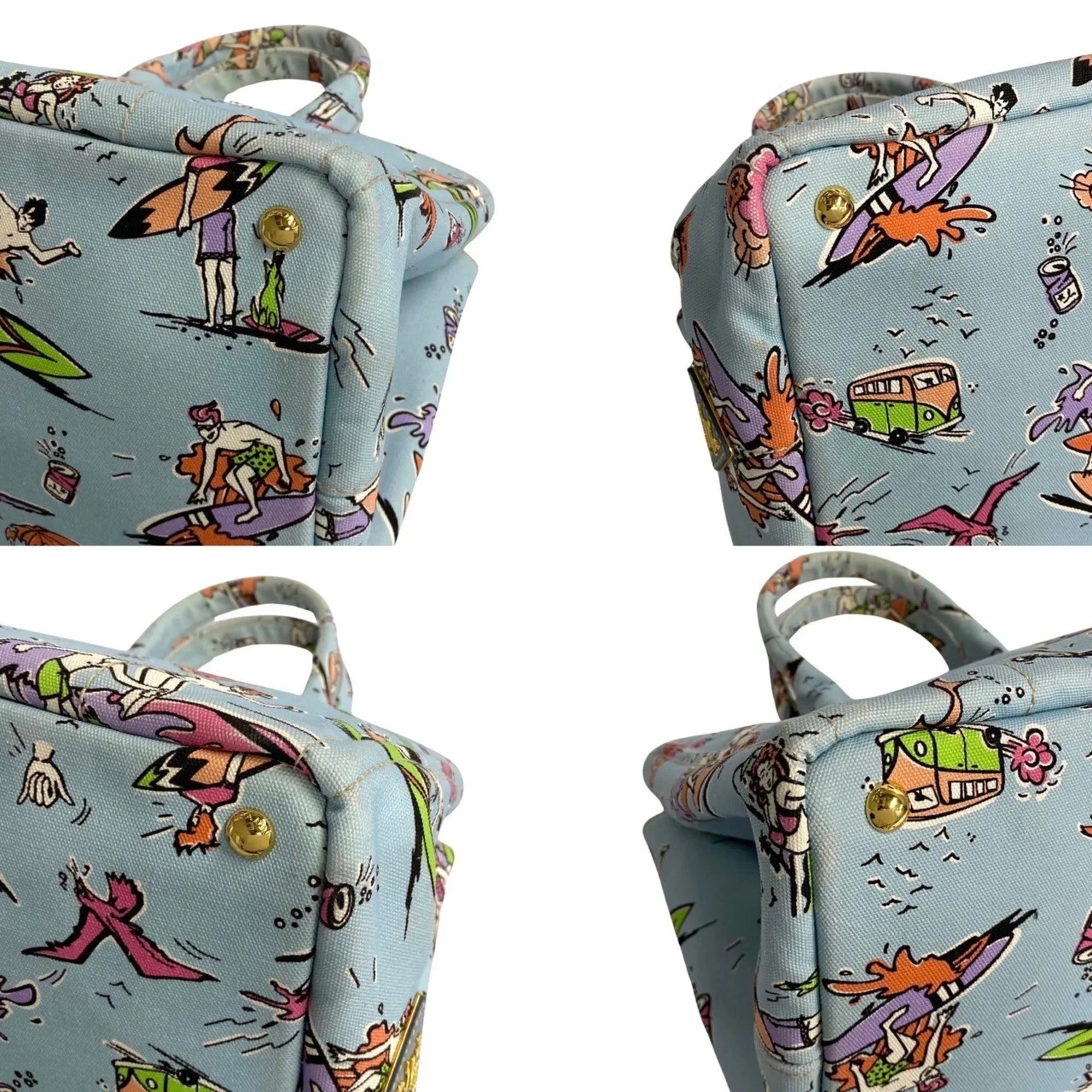 Pre-Owned  Prada Triangle Canapa Surfing Pattern Canvas Handbag Tote Bag Blue Multicolor 25905 (Good)
