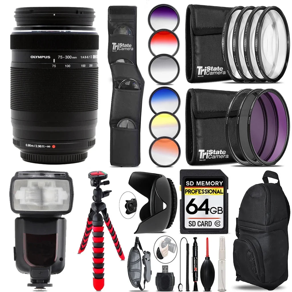 Olympus .Zuiko Digital  75-300mm f/4.8-6.7  Lens+13 Piece Filter & More- 64GB Accessory Kit