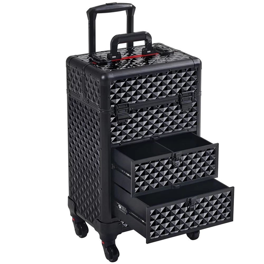 Yaheetech Professional Rolling Makeup Train Case with Drawers,Black