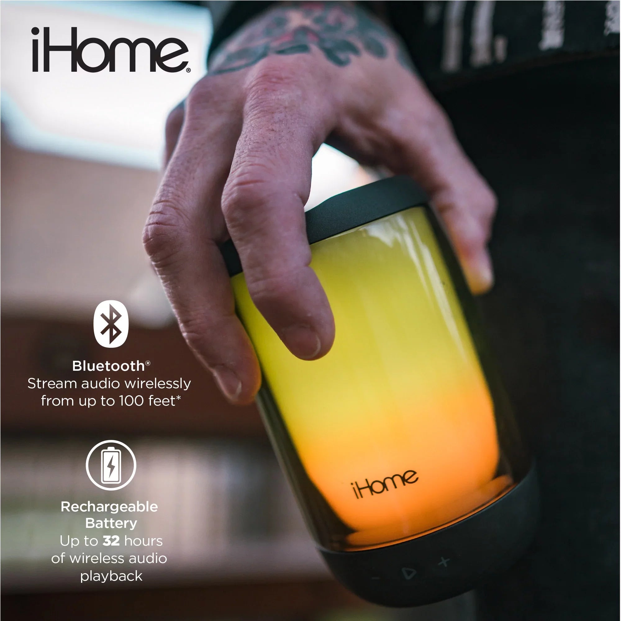 iHome Rechargeable Color Changing Waterproof Bluetooth Play Glow + Speaker with Mega Battery