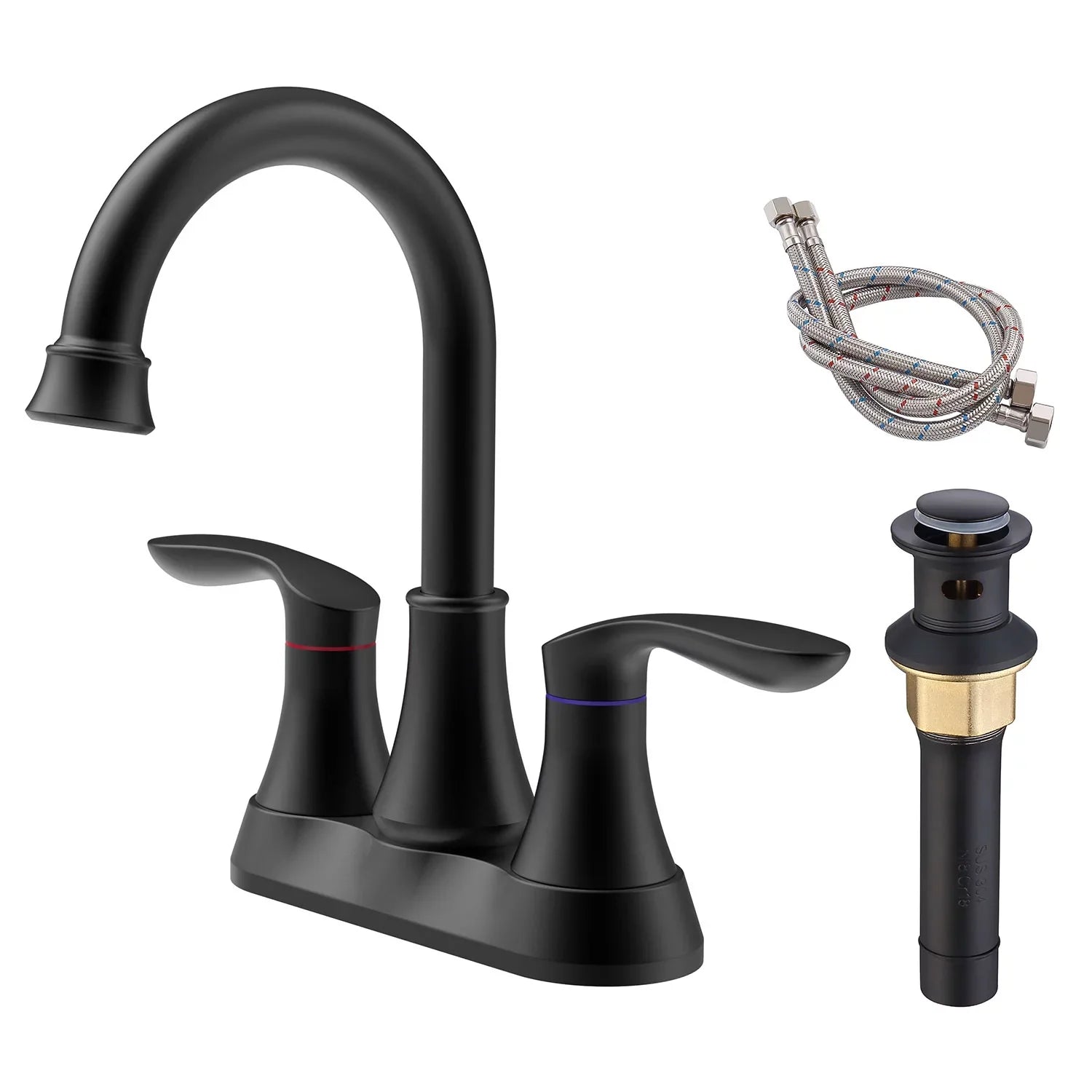Kichae 6 Inch Vanity Sink Faucet，2-Handle 360 Degree Swivel Bathroom Spout Centerset Faucet with Pop-up Drain & Supply Hoses，Matte Black