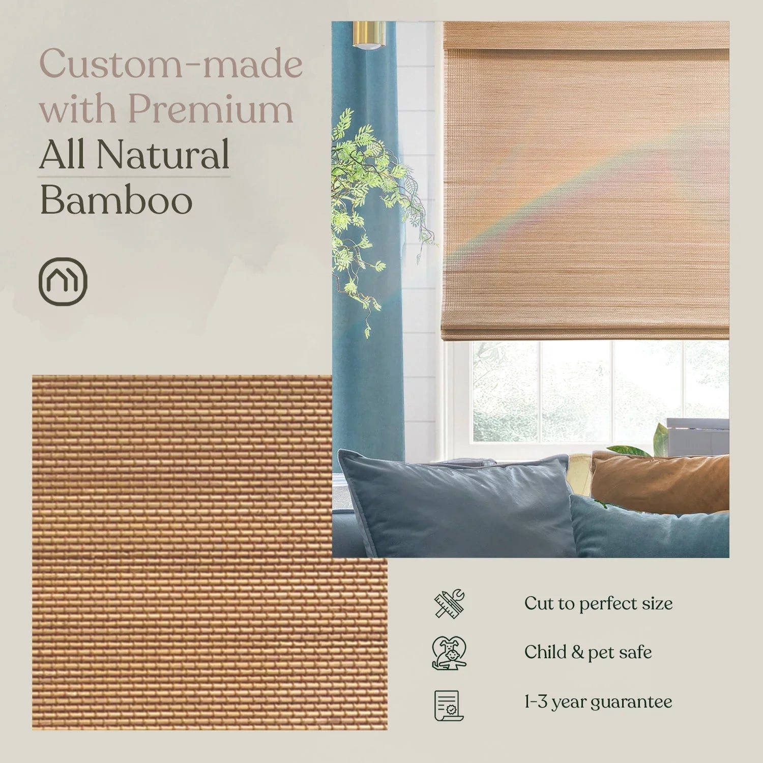 Custom Bamboo Shades |  | Cordless Designer Natural Woven Wood Roman Shades for Windows | Woven Hickory Wood (Sheer) | 34.5" x 72"