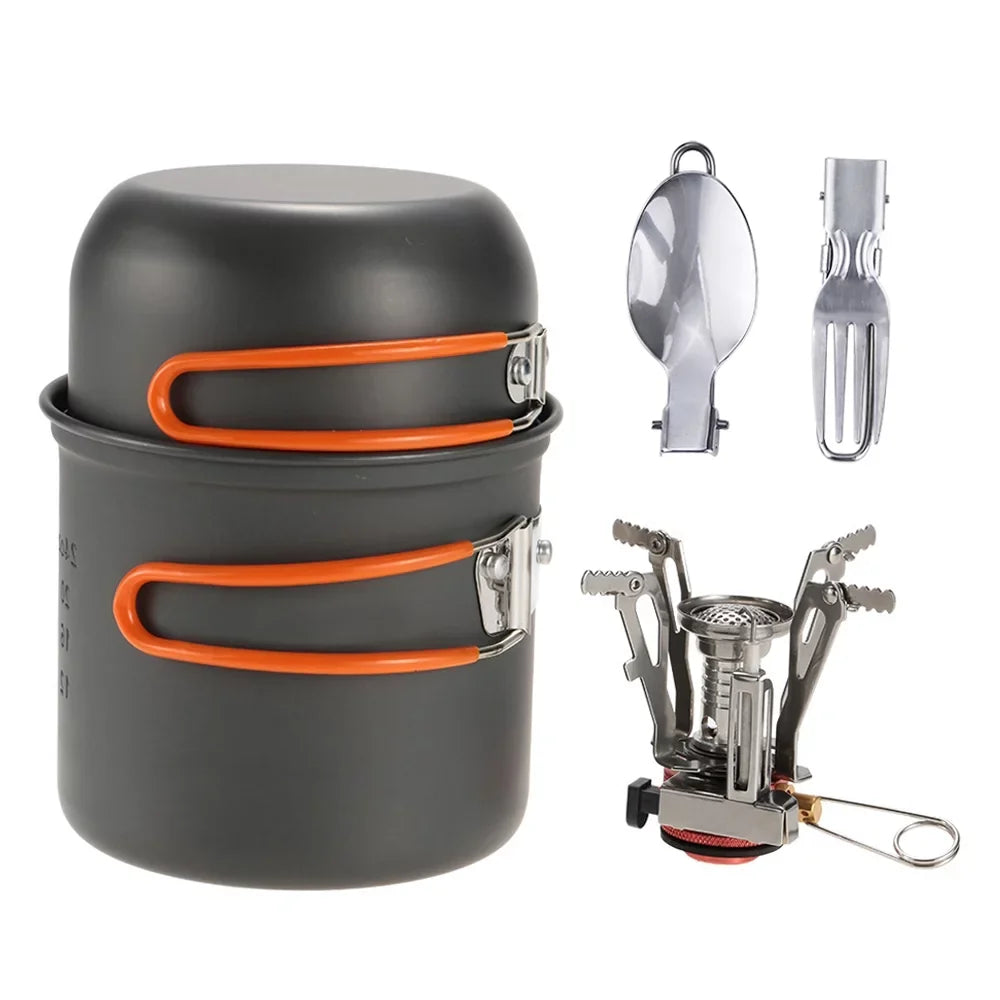 Lixada Camping Cookware Hiking Cooking Set with Piezoelectric Ignition Stove Backpacking Picnic Pot Fork Spoon