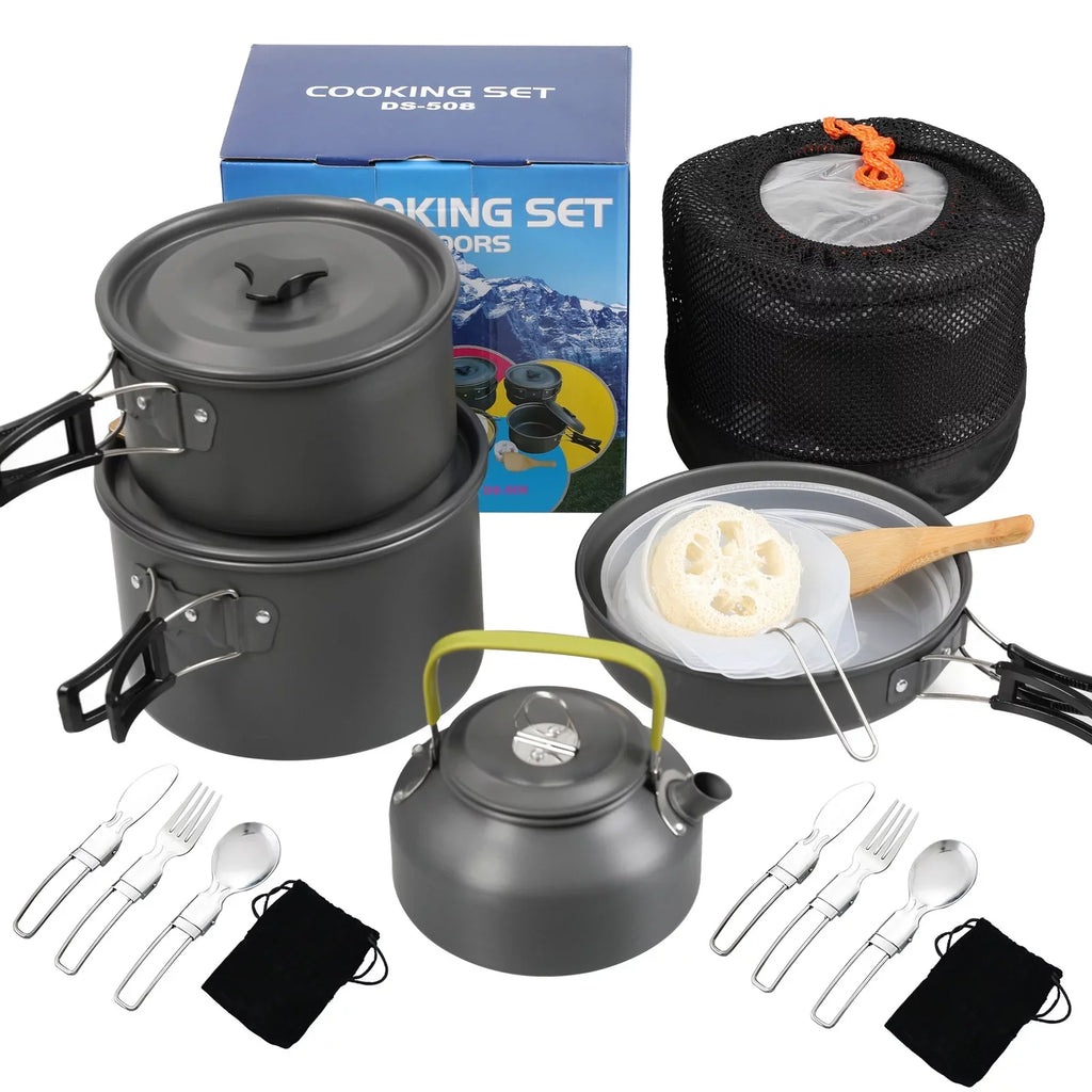 Htovila Kitchenware Set, Non-Stick Camping Cookware Mess Kit with Kettle for Hiking and Backpacking