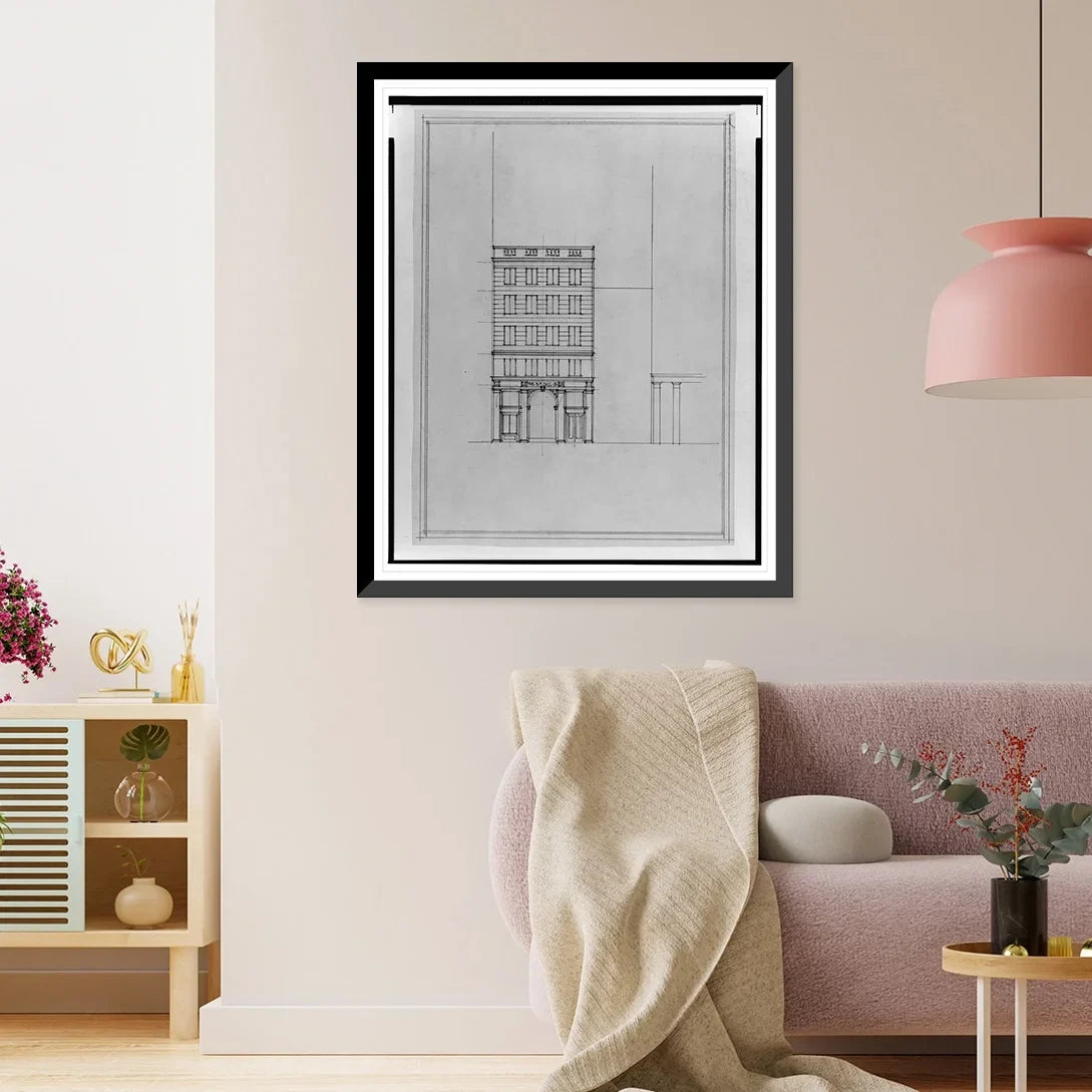 Historic Framed Print, [Two office buildings for .. Saul, 15th Street, .. (lots 69 and 10, square 218), McPherson Square, Washington, .. Front elevation] - 2, 17-7/8" x 21-7/8"