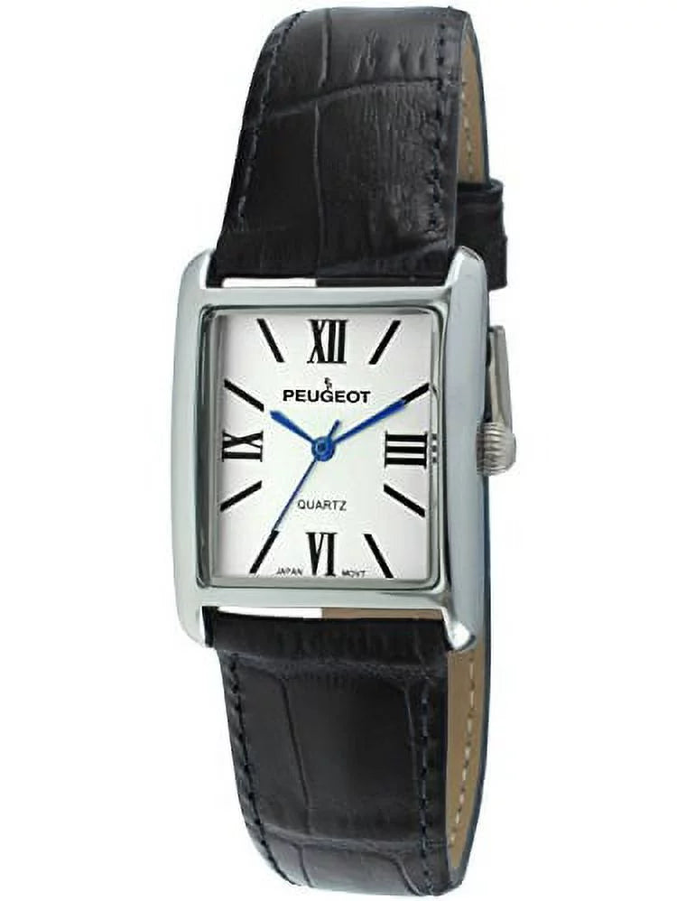 peugeot women's silver tank roman numeral blue leather band watch 3036bl