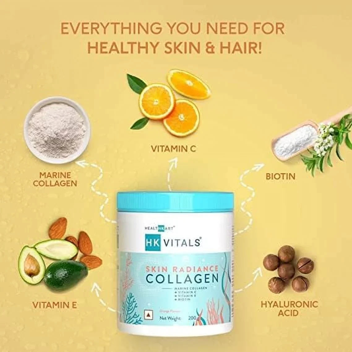HealthKart  Vitals Skin Radiance Collagen Supplement, with Biotin, Vitamin , , and Sodium Hyaluronate, for Healthy Skin, Hair & Nails, Orange, 200 g