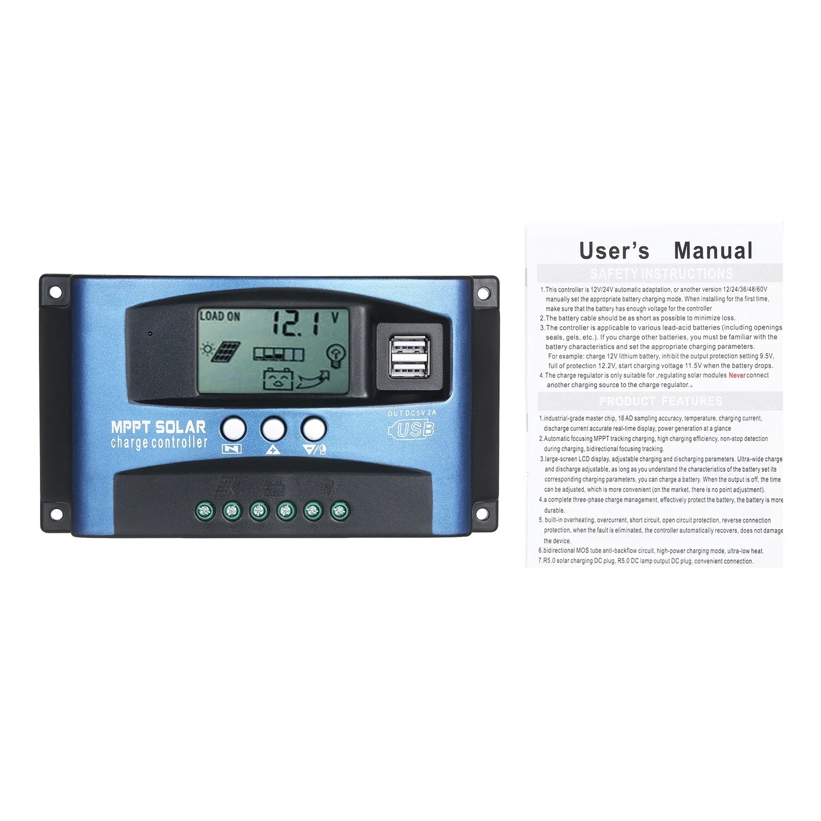 Dazzduo Controller,Dual  Output  Screen  Screen  5V/2A  Solar Identification  5V/2A Dual  Dual  Solar Dual  Solar  Output 12V/24V 5V/2A Dual