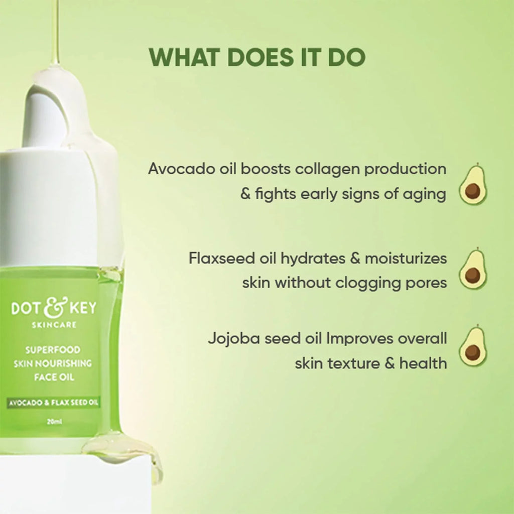 Dot & Key Superfood Skin Nourishing Face Oil | Avocado Oil, Jojoba Oil, Flaxseed Oil, Sunflower Oil, Moringa Seed Oil, Macadamia Seed Oil, Apricot Oil | Vegan Face Oil For Very Dry
