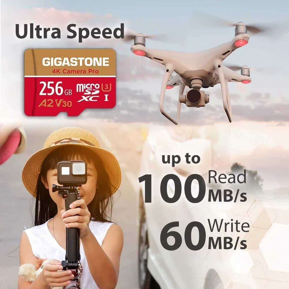 Gigastone 256GB Micro  Card, 4K Video Recording, 4K Camera Pro, suitable with Nintendo Switch, Dash Cam, GoPro Cameras, / up to 100/50 /s, Micro  -   Class 10, 2 Pack (2x256GB)
