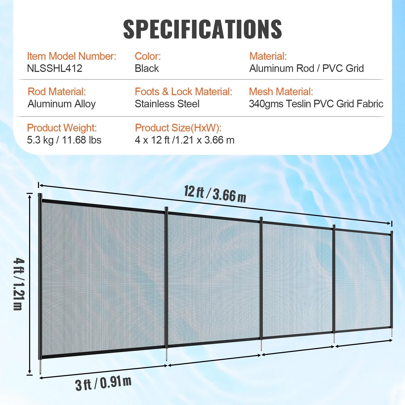 4 x 12 ft  Pool Fence Detachable Pool Fence for Outdoor Underground Swimming Pools