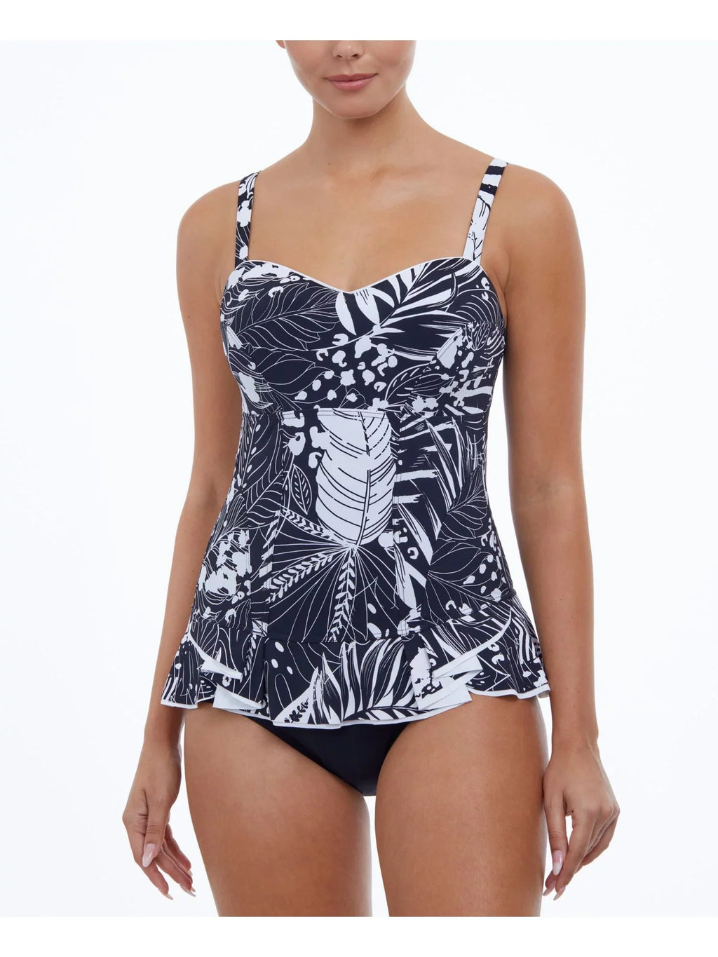 by  Women's Black Tropical Print Stretch Tummy Control Ruffled Fixed Cups Sweetheart Neck Adjustable Marbella Swimdress 8