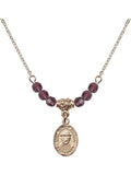 18-Inch Hamilton Gold Plated Necklace with 4mm Purple February Birth Month Stone Beads and Saint Damien of Molokai Charm