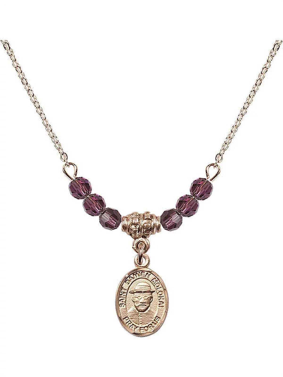 18-Inch Hamilton Gold Plated Necklace with 4mm Purple February Birth Month Stone Beads and Saint Damien of Molokai Charm