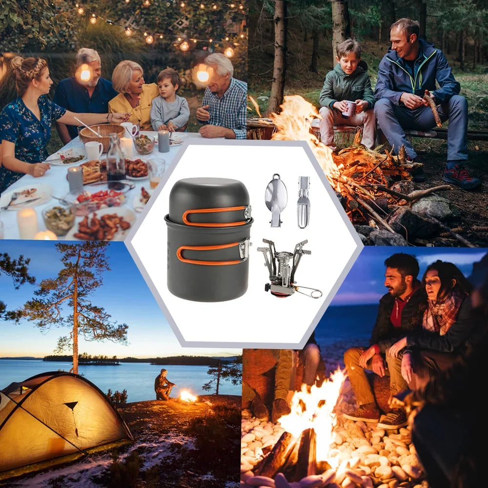 Lixada Camping Cookware Hiking Cooking Set with Piezoelectric Ignition Stove Backpacking Picnic Pot Fork Spoon