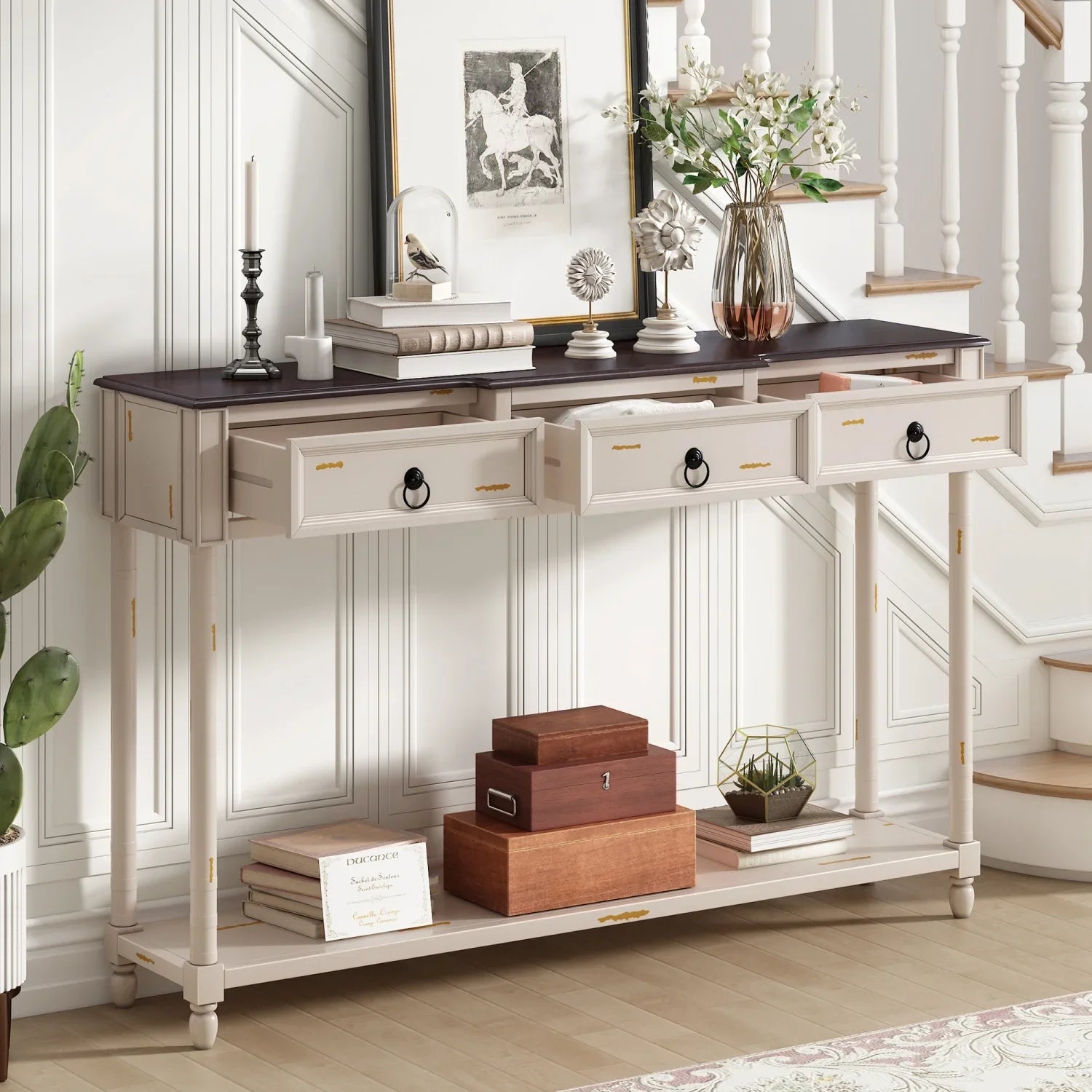 Console Table Sofa Table with Drawers for Entryway with Projecting Drawers and Long Shelf (Antique White     )
