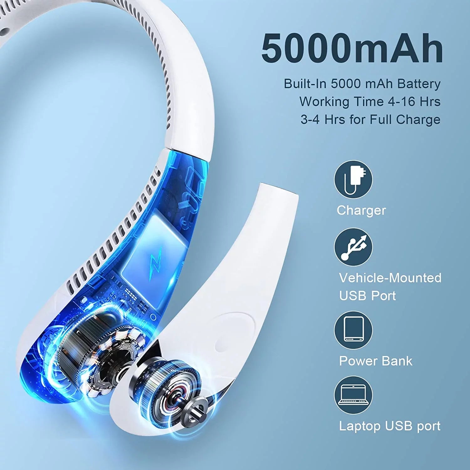 Morttic Portable Neck Fan, Foldable Bladeless Fan Wearable Personal Fan Hands Free Cooler Fan 5000 mAh 3 Speeds, 360 Degrees Airflow  Rechargeable Fan Perfect for Outdoor Travel Sport (White)
