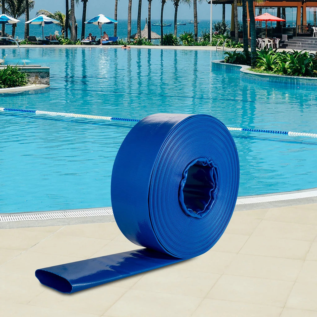 Discharge Hose, 1-12" x 105',  Fabric Lay Flat Hose, Heavy Duty Backwash Drain Hose with Clamps, Weather-proof & Burst-proof, Ideal for Swimming Pool & Water Transfer, Blue