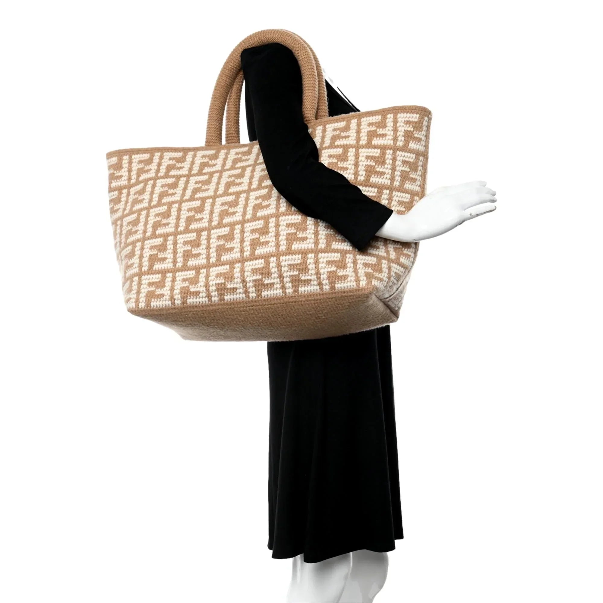 Fendi  Cammello Beige Knitted Cashmere Large Shopper Tote Bag