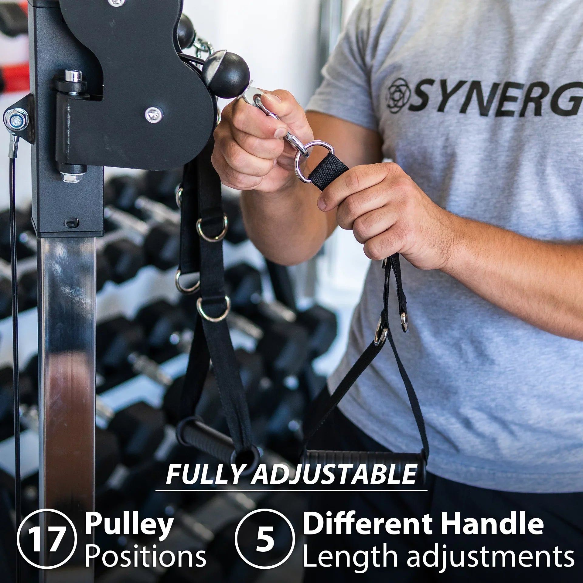 Synergee Wall Mounted Adjustable Dual Pulley Machine. Home Cable Attachment Station for Pulley System. For 1” and 2” Opening Weight Plates. Includes 2 Nylon Handles and Universal Attachment Points.