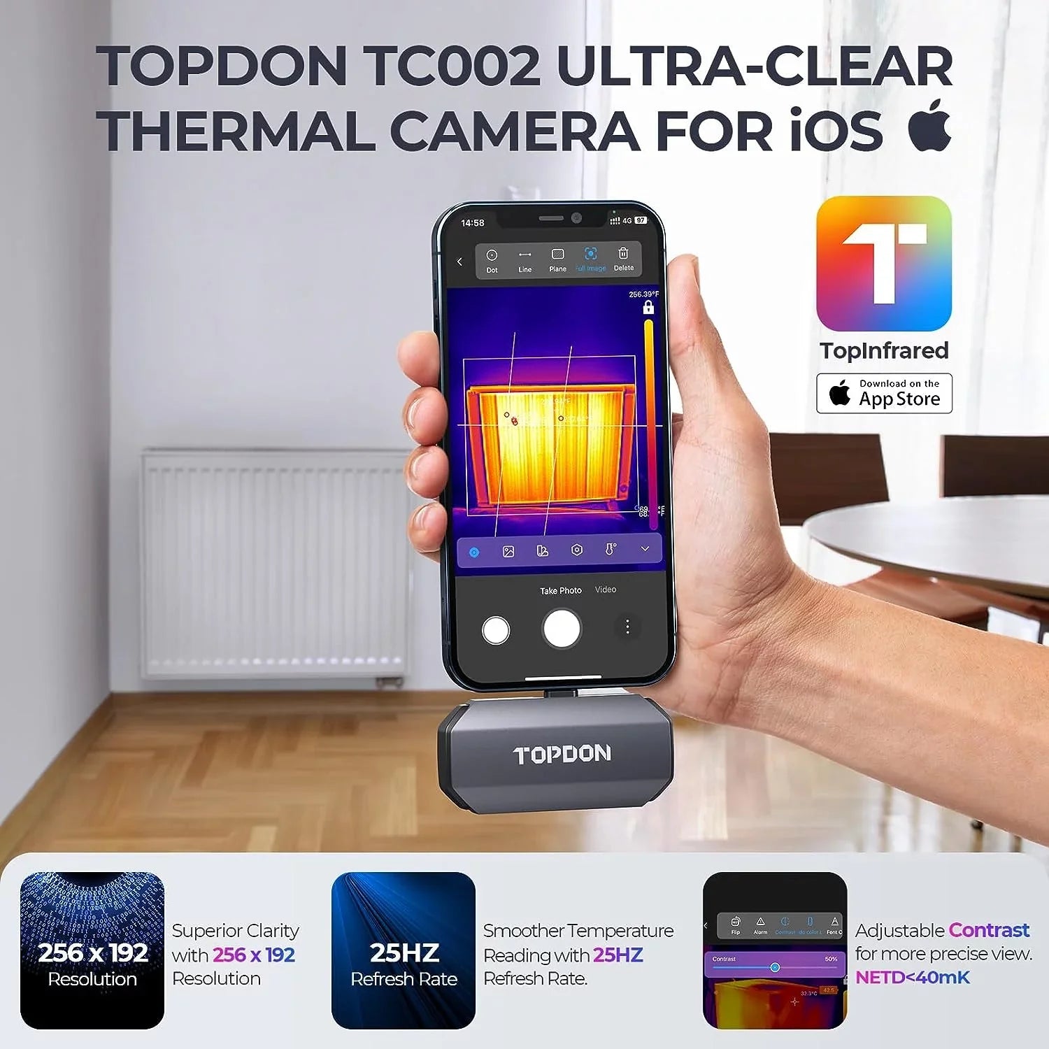 Thermal Camera for iOS (iPhone & iPad) 256 x 192  High Resolution Thermal Imaging Camera, 40mk Thermal Sensitivity -4F~1022F Temperature Range
