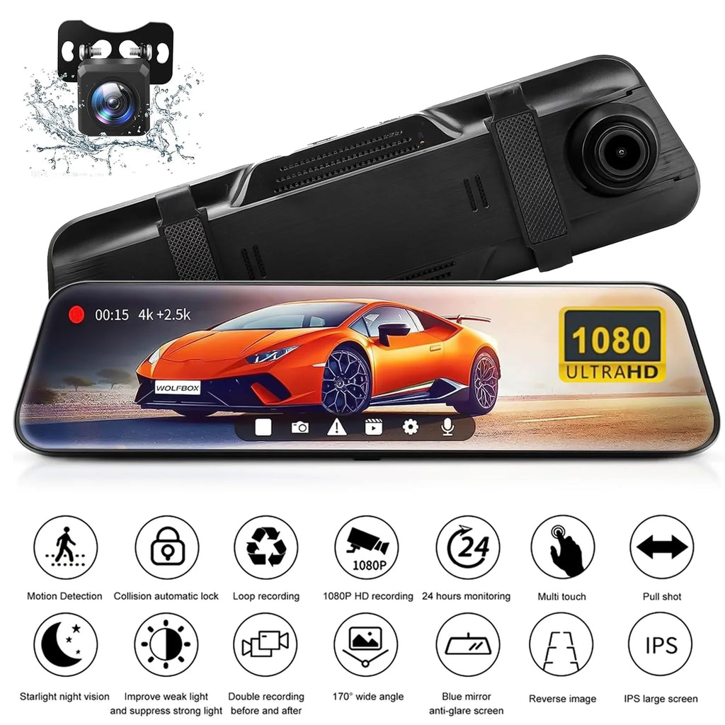 10" Mirror Dash Cam,Kepeak 1080P  Full Touch Screen Front and Rear View Backup Camera,-Sensor, Parking Monitor, 170° Wide Angle,with 5.5 Meters Cable