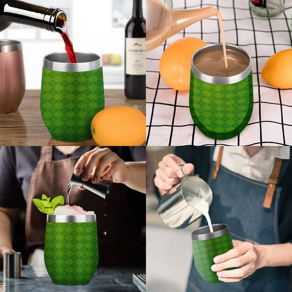 Hidove 12oz 304 Stainless Steel Vacuum Insulated Cups, Green Argyle Textured Background Eggshell Cup  Shape Tumbler Cups with Lid, Double Layer Insulation Wine Cup Big Belly Cup
