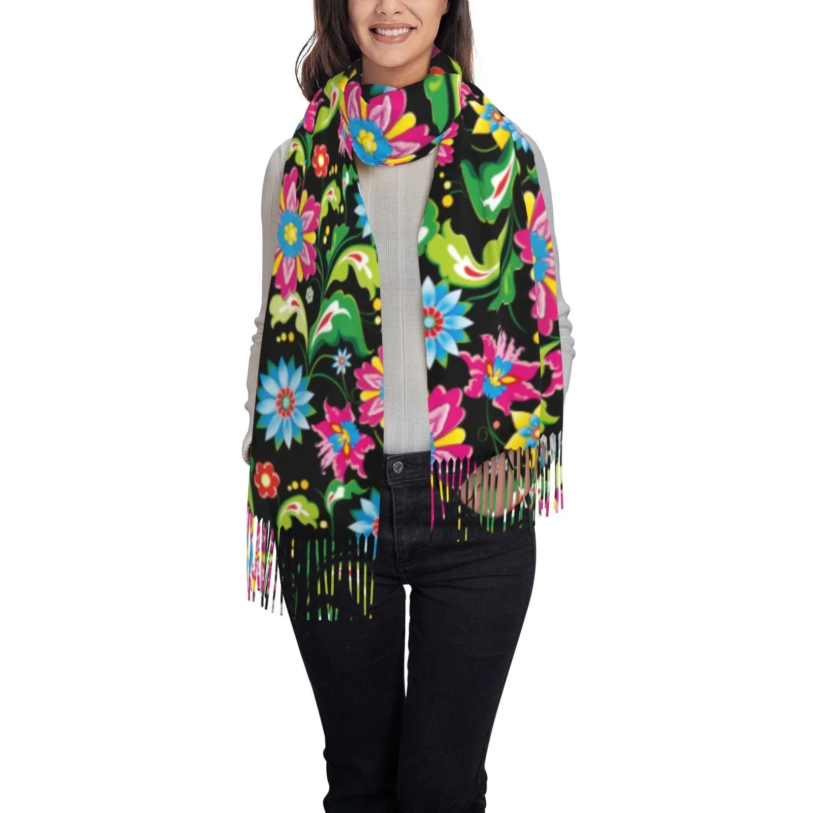 Bingfone Soft Cashmere Feel Scarf For Women Elegant Art Print Winter Warm Scarves Large Shawl Wrap Gifts- Vector Mexican Otomi Style Bright