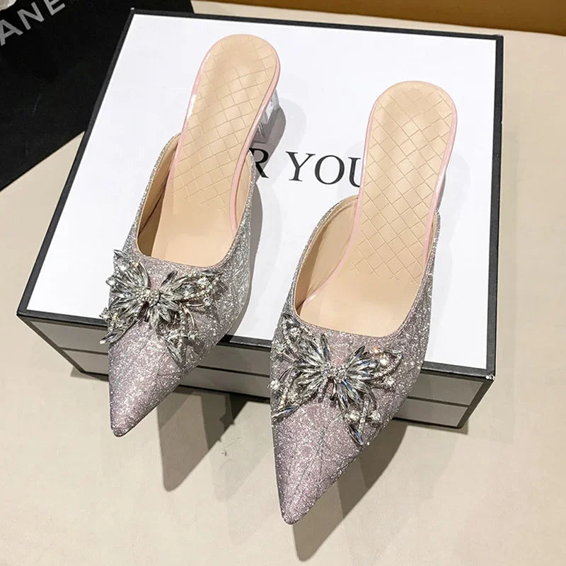 Crystal Luxury  High Heels Women Mules Shoes Sexy Pointed Toe Sandals 2024 Summer Designer Dress Flip Flops Pumps Slides