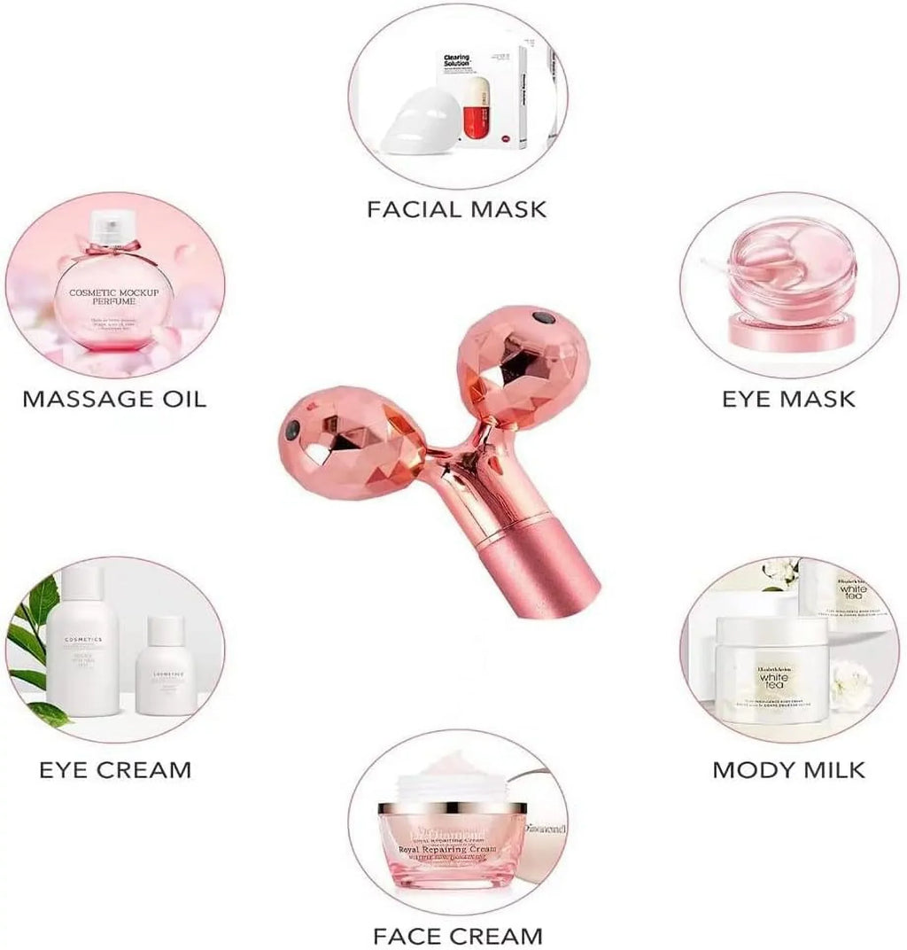 Innotech 5-in-1 24K Gold Beauty Bar Face Massager Electric Vibrating Rose Quartz 3D Roller Face Lifting Body Facial Gua Sha Jade Roller