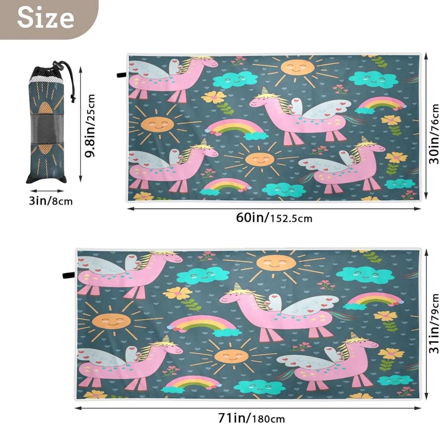 Bestwell Pink Unicorns Beach Towel Oversized Towel Blanket, Thin Lightweight Microfiber Sand Free Quick Dry Towel, 31”” Multipurpose Pool Bath Yoga Swim Shower Towel