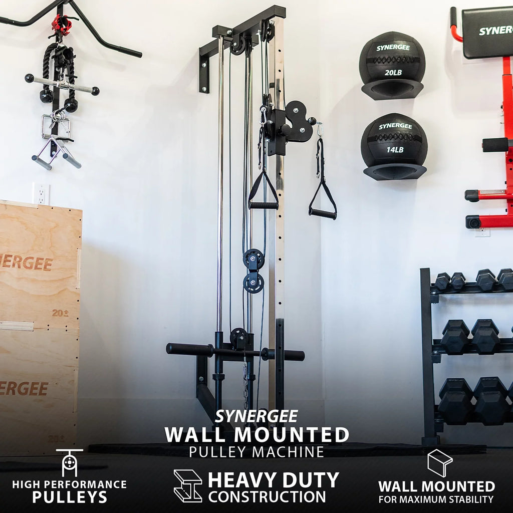 Synergee Wall Mounted Adjustable Dual Pulley Machine. Home Cable Attachment Station for Pulley System. For 1” and 2” Opening Weight Plates. Includes 2 Nylon Handles and Universal Attachment Points.