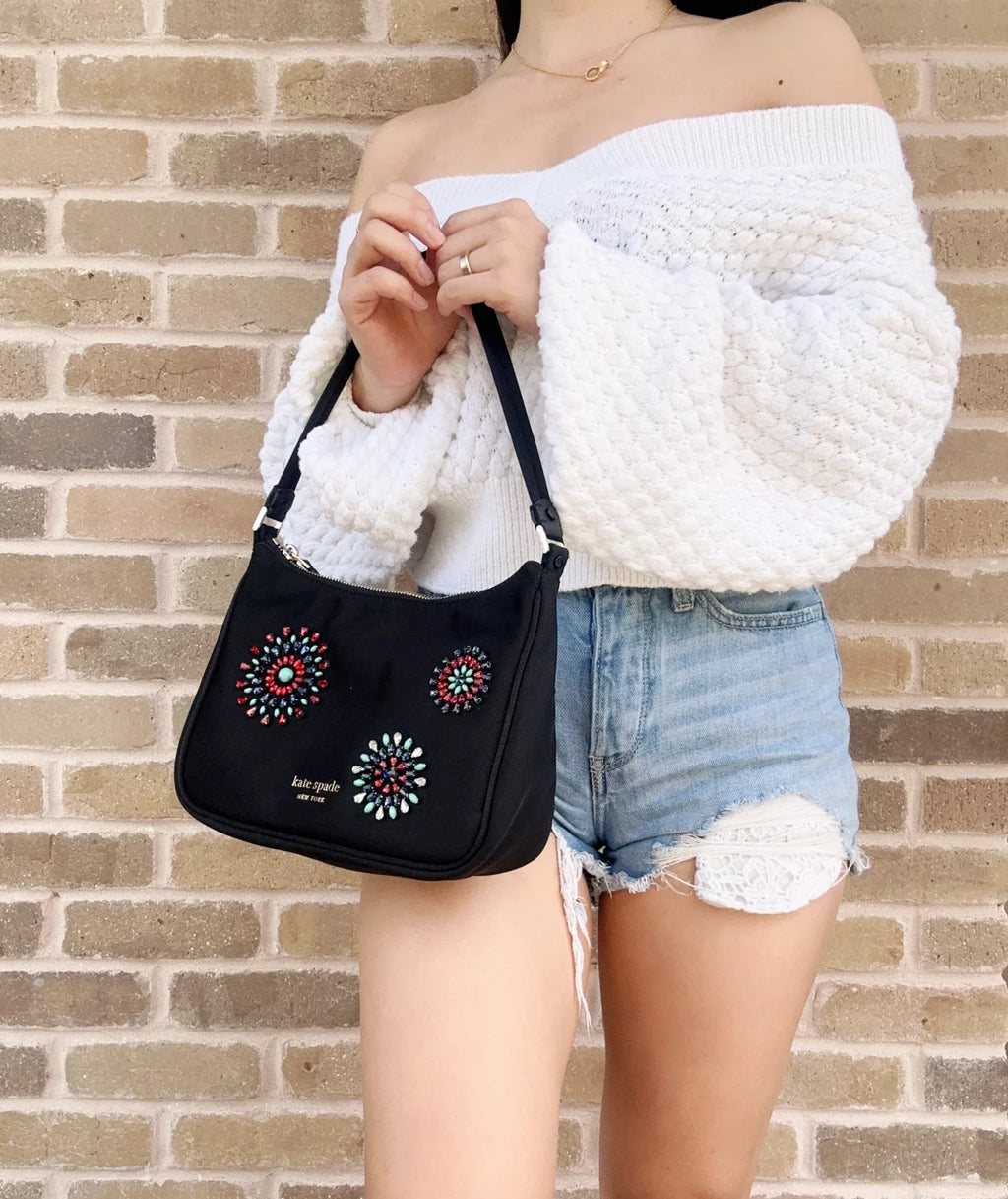 Kate Spade Little Better Sam Firework Embellished Nylon Small Shoulder Bag Black