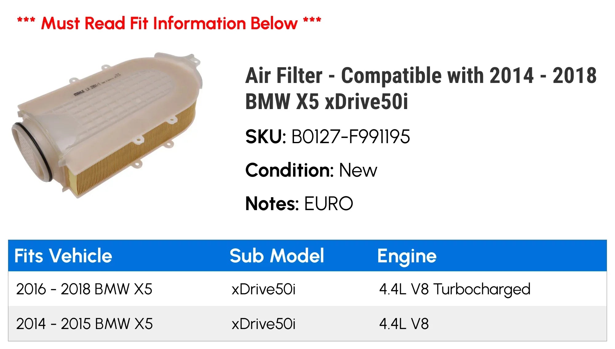 Air Filter - Compatible with 2014 - 2018   xDrive50i 2015 2016 2017