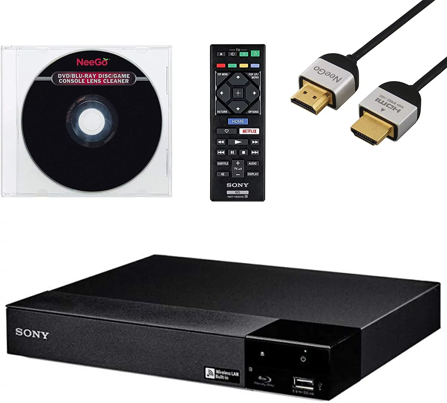 Sony - Blu-Ray Disc Player with Built-in Wi-Fi - Netflix, You Tube + Remote Control + NeeGo High-Speed  Cable /Ethernet NeeGo Lens Cleaner