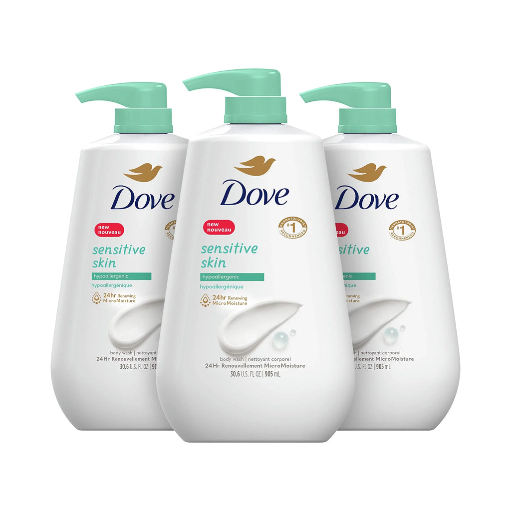 Dove Body Wash With Pump Sensitive Skin 3 Count Hypoallergenic, Paraben-Free, Sulfate-Free, Cruelty-Free, Moisturizing Cleanser Effectively Washes Away Bacteria While Nourishing Skin 30.6 Oz