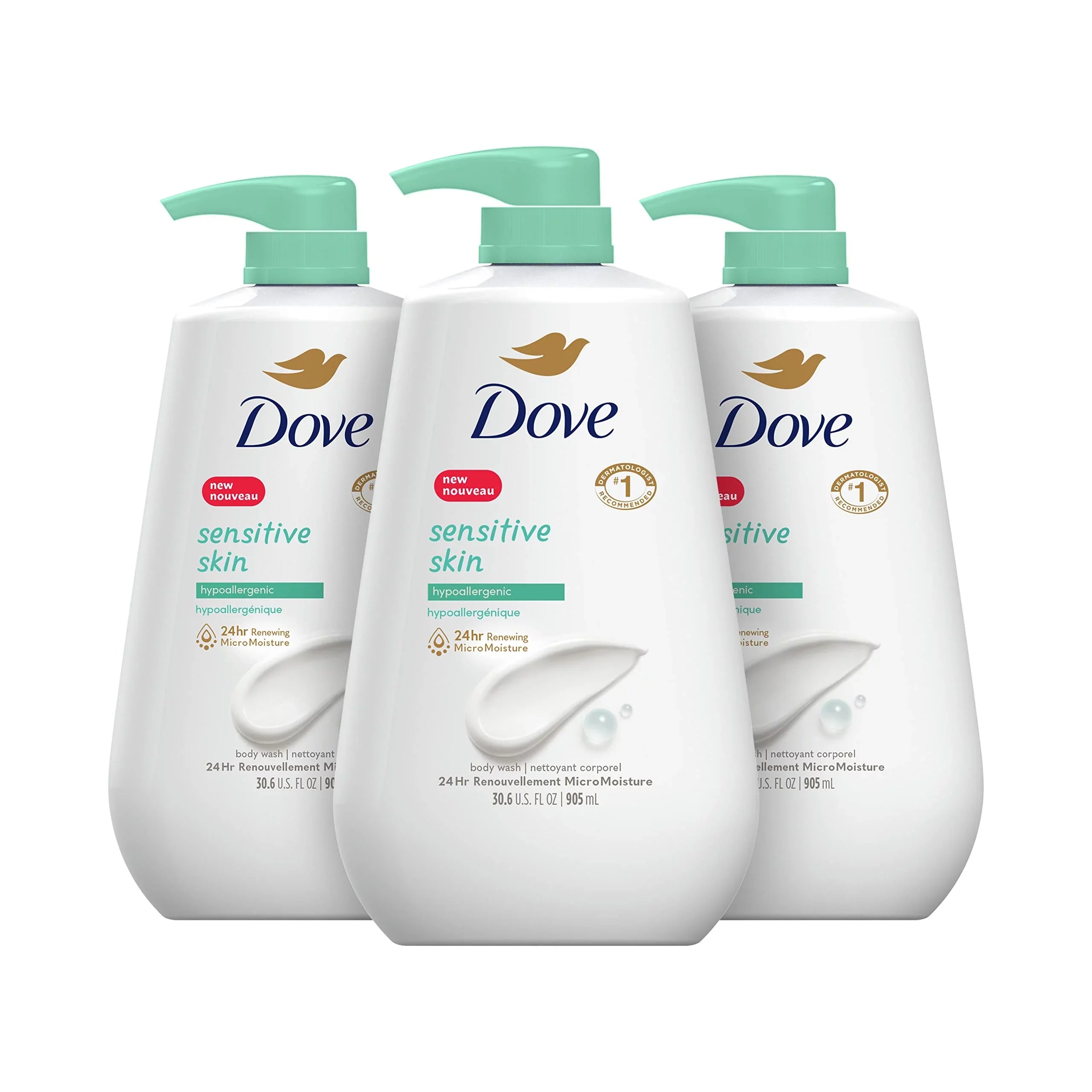 Dove Body Wash With Pump Sensitive Skin 3 Count Hypoallergenic, Paraben-Free, Sulfate-Free, Cruelty-Free, Moisturizing Cleanser Effectively Washes Away Bacteria While Nourishing Skin 30.6 Oz