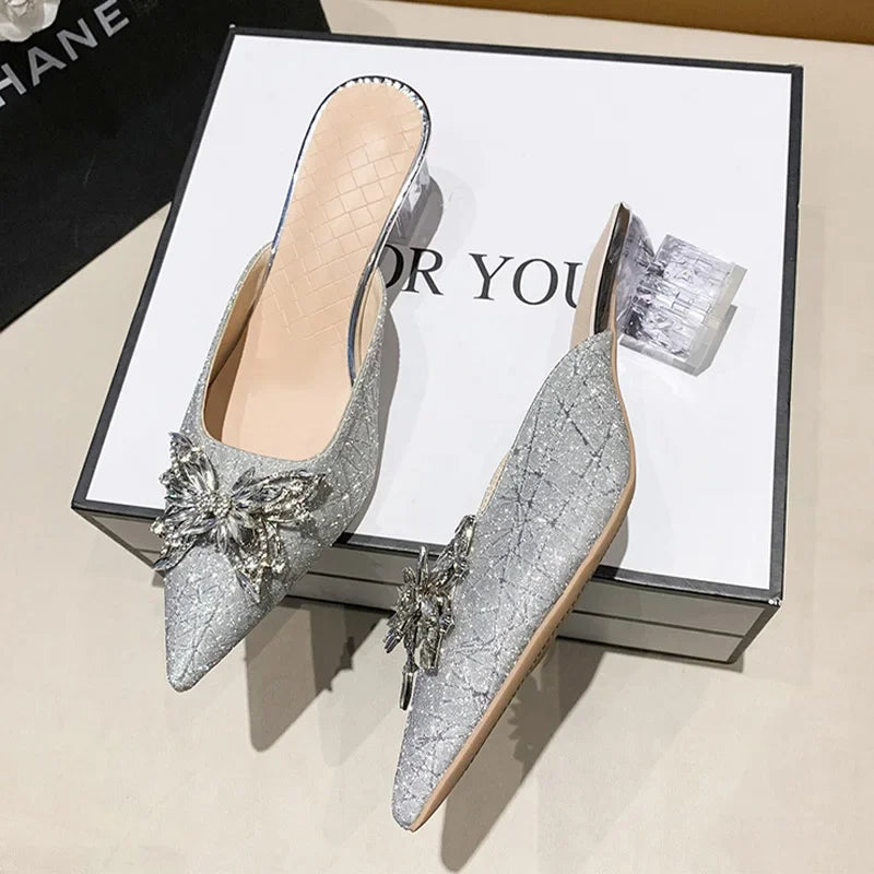 Crystal Luxury  High Heels Women Mules Shoes Sexy Pointed Toe Sandals 2024 Summer Designer Dress Flip Flops Pumps Slides