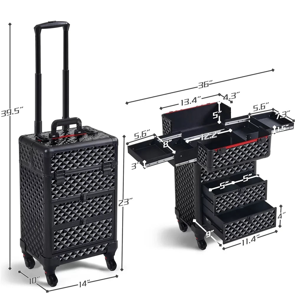Yaheetech Professional Rolling Makeup Train Case with Drawers,Black