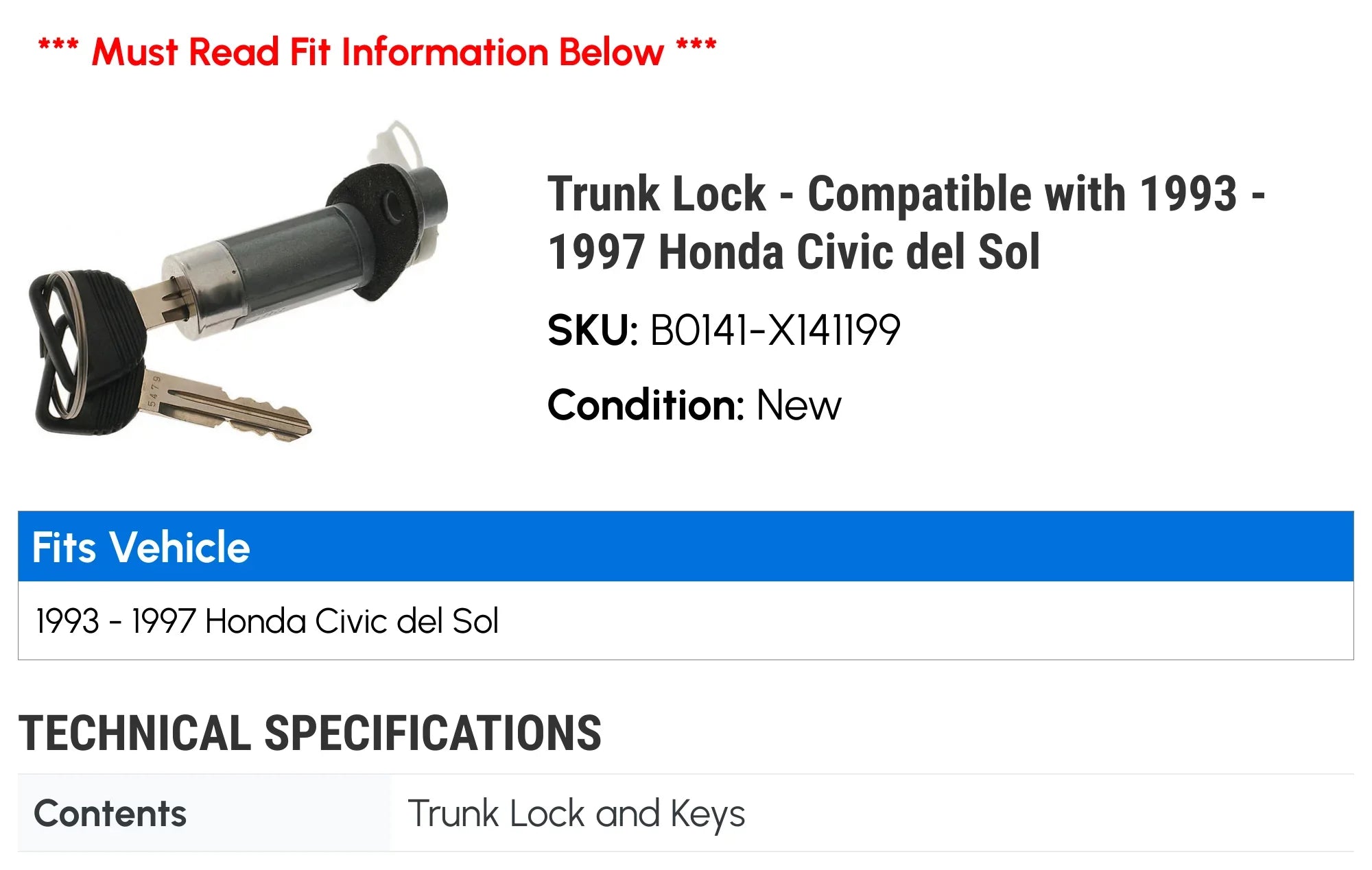 Trunk Lock - Compatible with 1993 - 1997 Honda Civic del Sol 1994 1995 1996