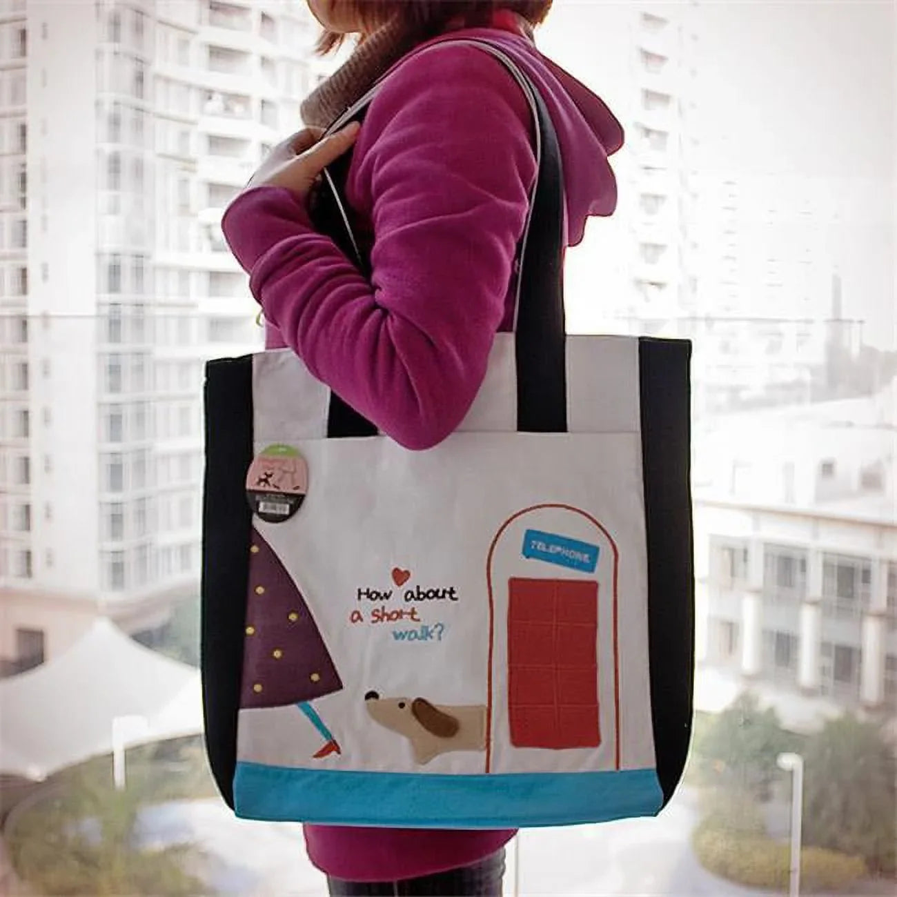 '-30- 14 x 14.5 x 4 in.  Short Walk - Embroidered Applique Fabric Art Shoulder Tote Bag & Shopper Bag