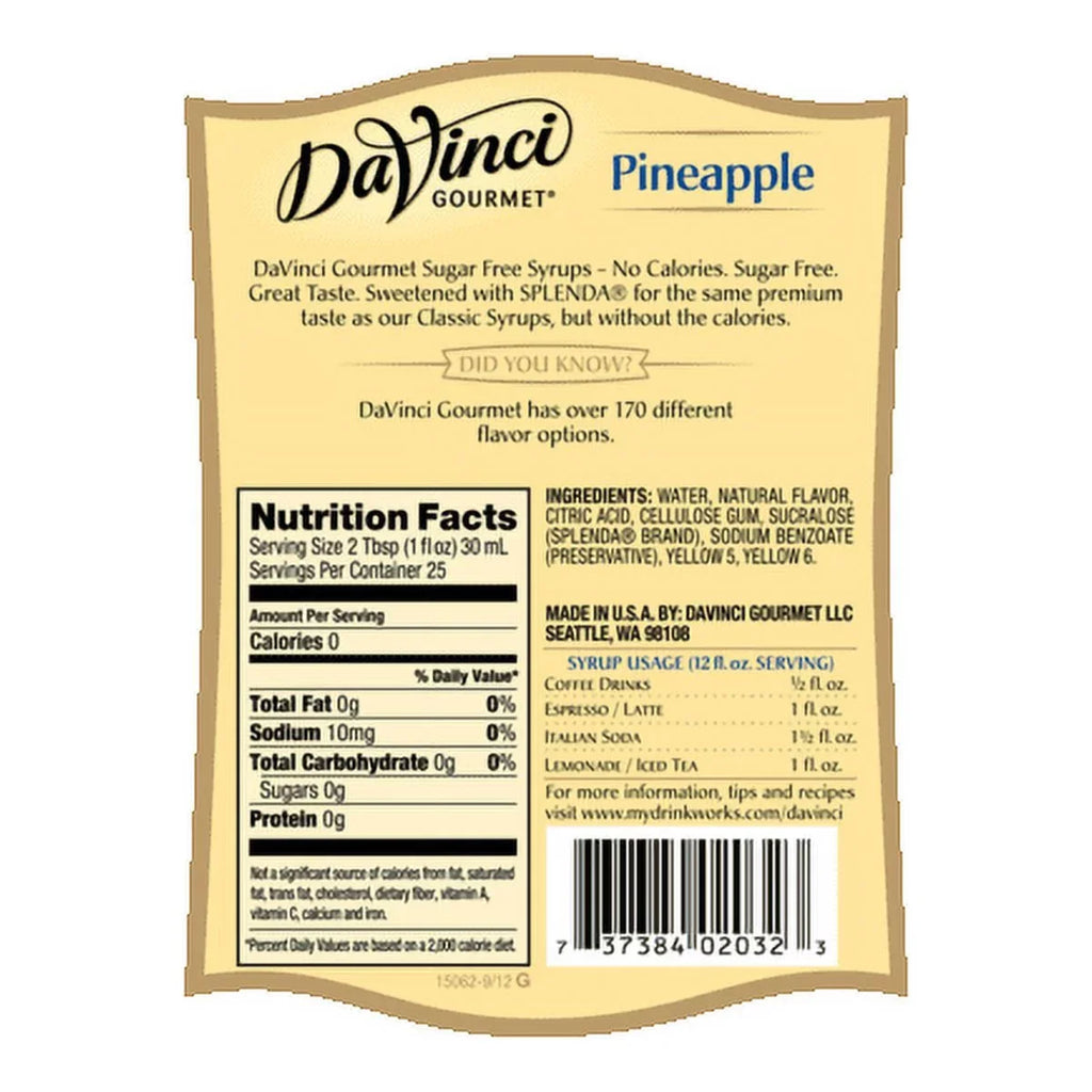 Da Vinci Sugar Free Syrup, Pineapple, 750 mL (Glass)