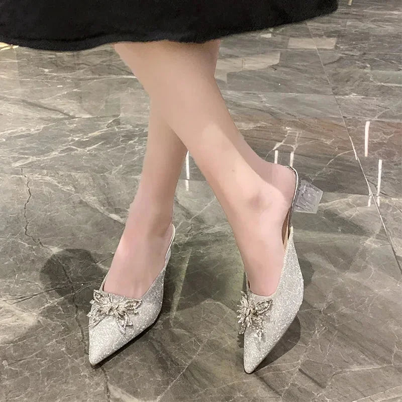 Crystal Luxury  High Heels Women Mules Shoes Sexy Pointed Toe Sandals 2024 Summer Designer Dress Flip Flops Pumps Slides