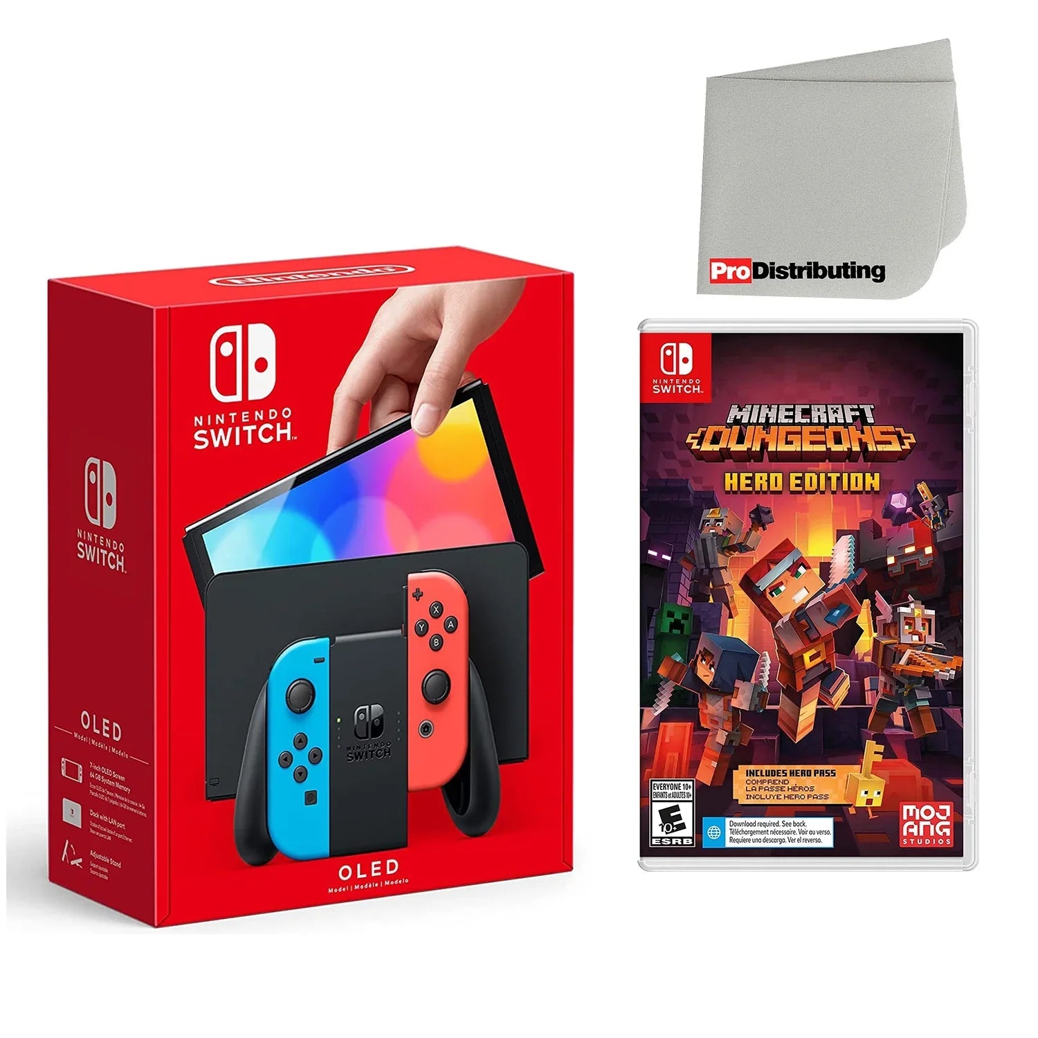 Nintendo Switch  Console Neon Red & Blue with Minecraft Dungeons Hero Edition and Screen Cleaning Cloth