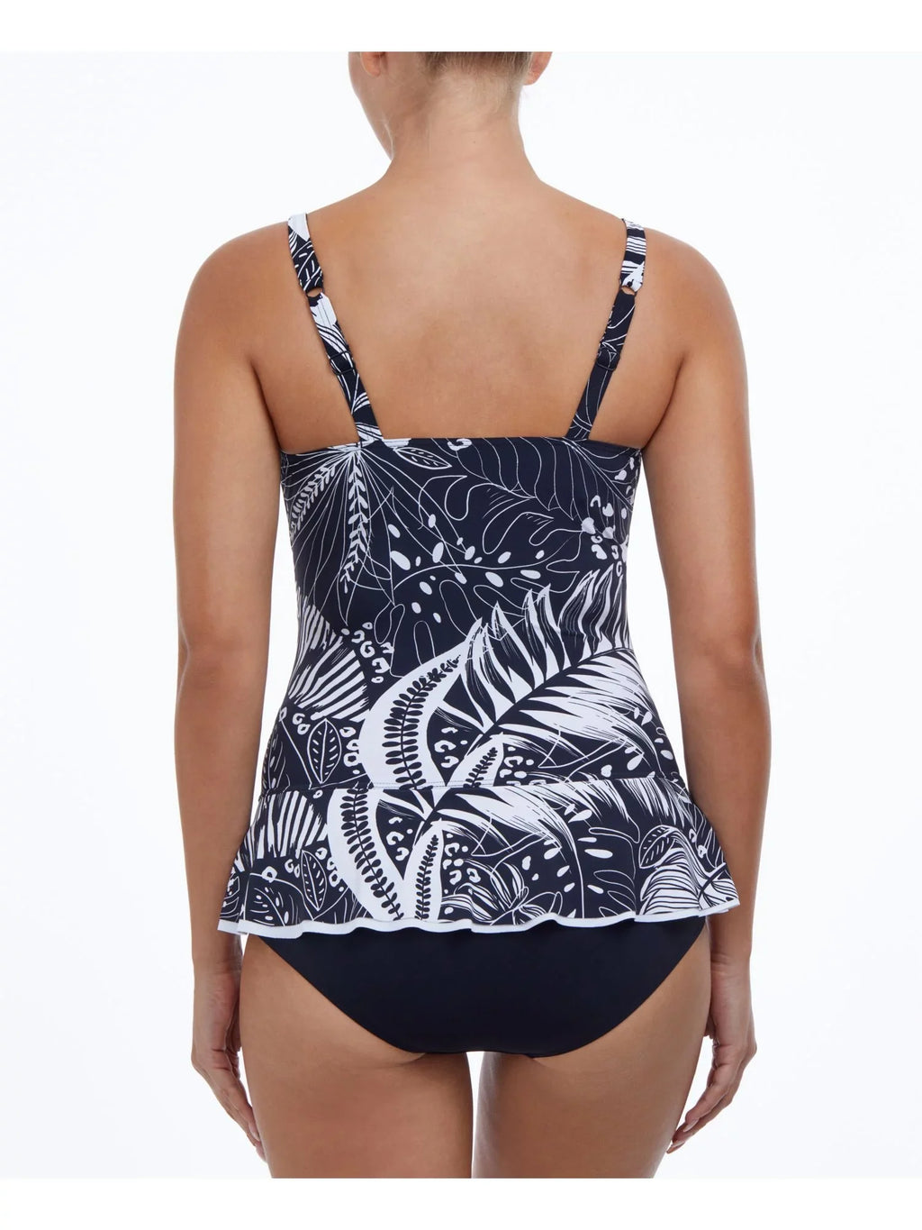 by  Women's Black Tropical Print Stretch Tummy Control Ruffled Fixed Cups Sweetheart Neck Adjustable Marbella Swimdress 8