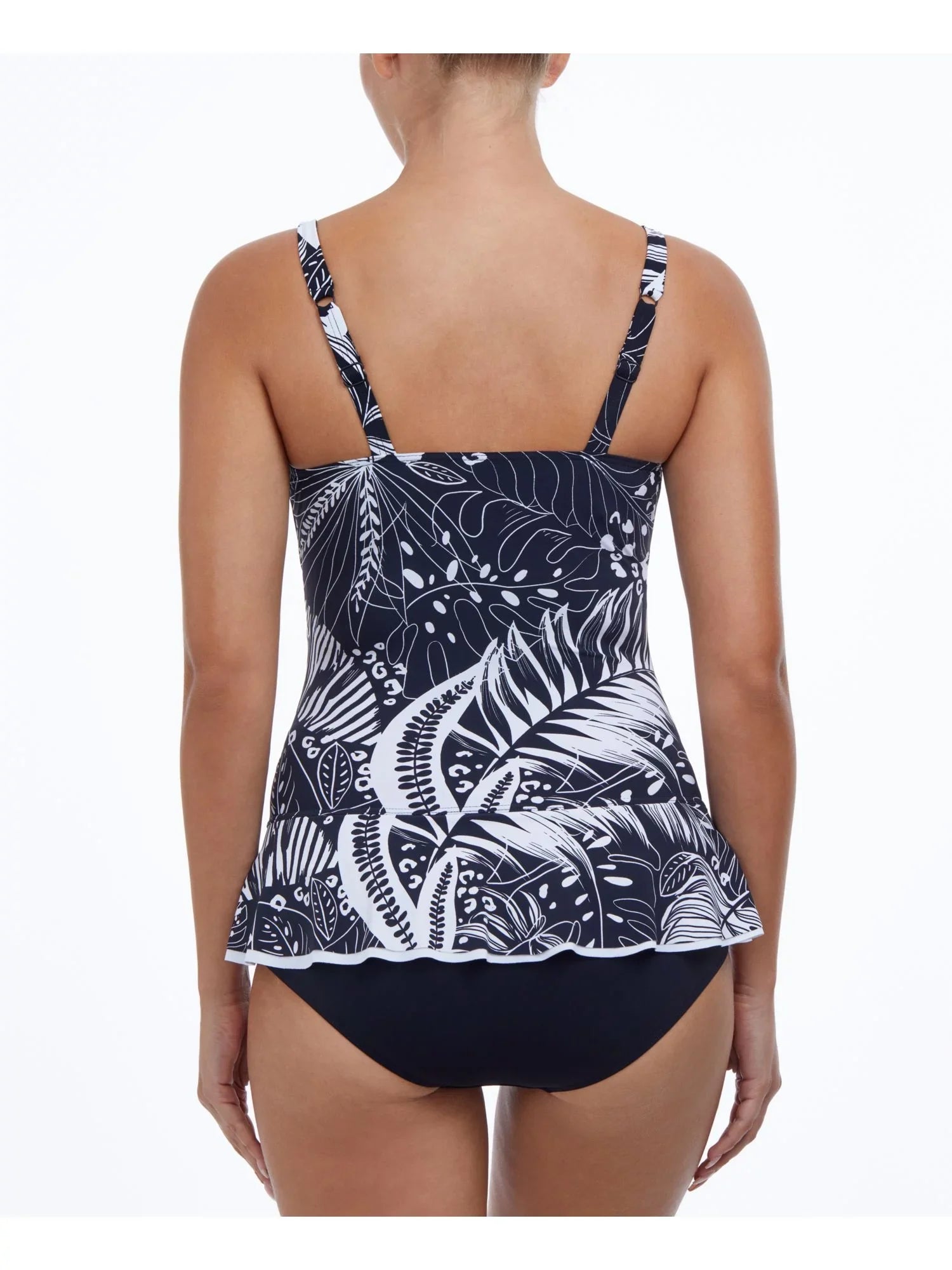 by  Women's Black Tropical Print Stretch Tummy Control Ruffled Fixed Cups Sweetheart Neck Adjustable Marbella Swimdress 8
